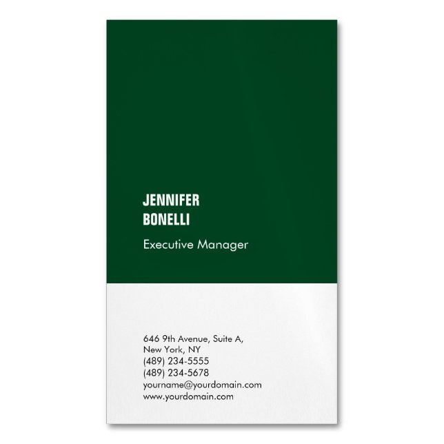 Professional minimalist modern forest green white business card magnet (Front Vertical)