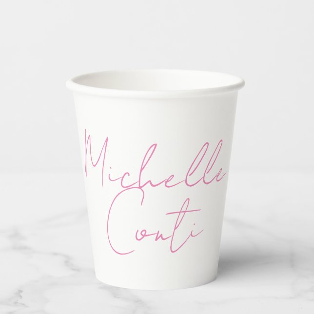 Professional minimalist modern pink white add name paper cups (Front)
