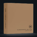 Professional Minimalist Monogram 3 Ring Binder<br><div class="desc">Modern professional binder features a minimal design in a tan and black color palette. Custom name presented in the lower right-hand corner in stylish simple font with a complimentary minimal monogram medallion. Shown with a custom name and monogram initial on the front in modern typography, this personalized business binder is...</div>