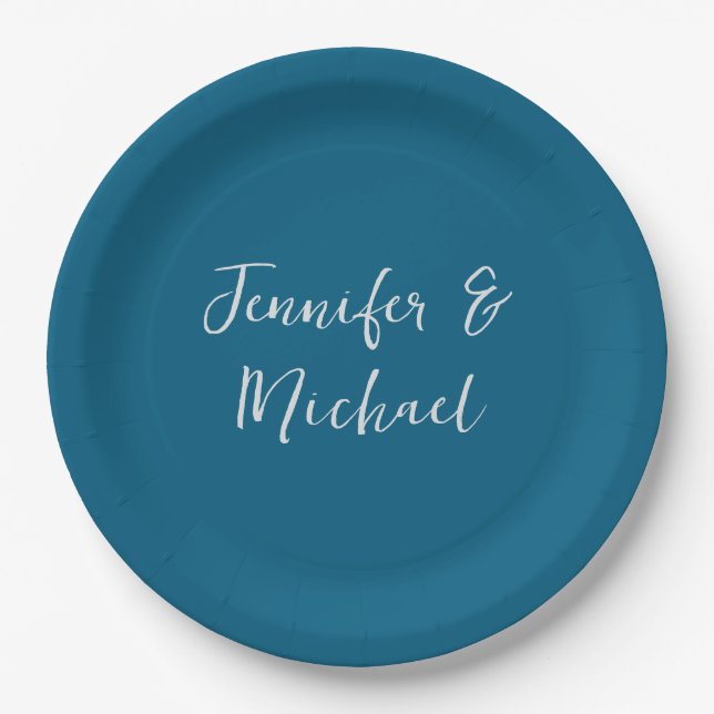 Professional minimalist ocean blue calligraphy paper plates (Front)