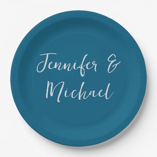 Professional minimalist ocean blue calligraphy paper plates (Front)