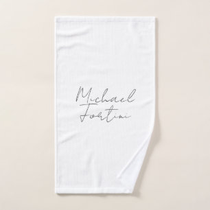 Professional minimalist white calligraphy name hand towel