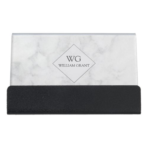 Professional Minimalist White Marble Monogram Desk Business Card Holder