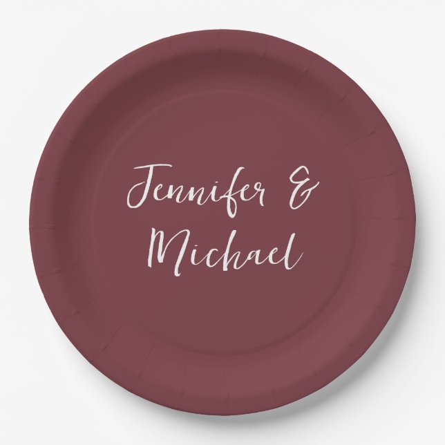 Professional minimalist wine red calligraphy paper plates (Front)