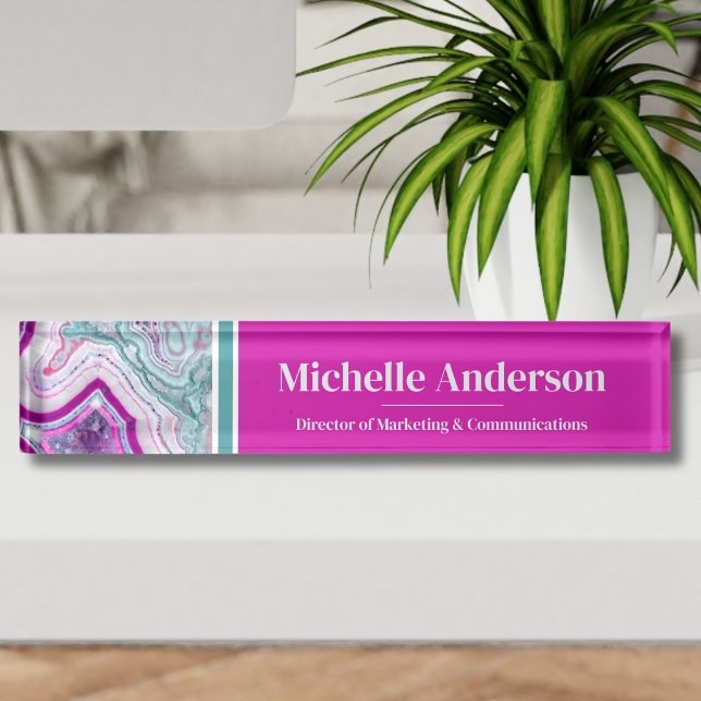 Professional Modern Agate Elegant Desk Name Plate (Modern Teal Magenta Agate Desk Name Plate)