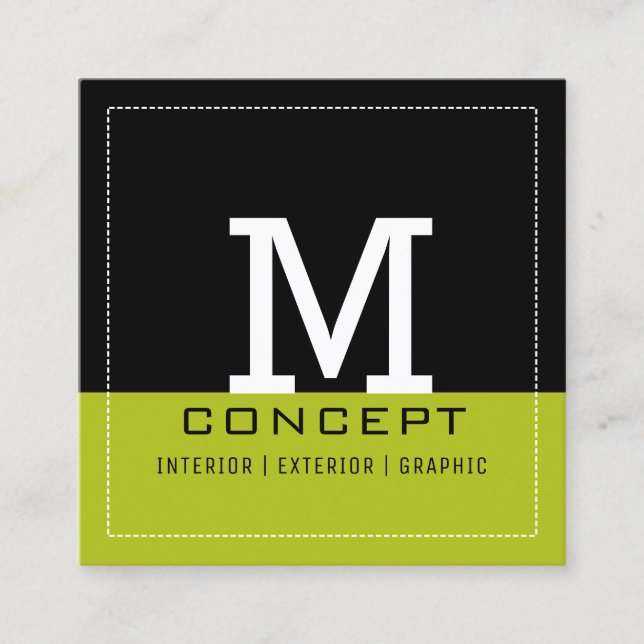 Professional Modern Black Acid Green Monogram Square Business Card (Front)