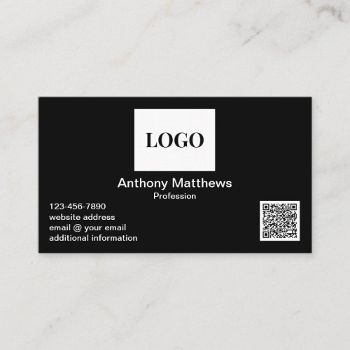 Professional Modern Black Add Logo and QR Code Business Card