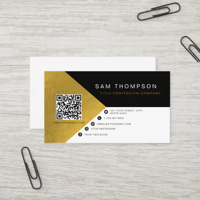 Professional Modern Black Gold Foil QR Code Business Card | Zazzle