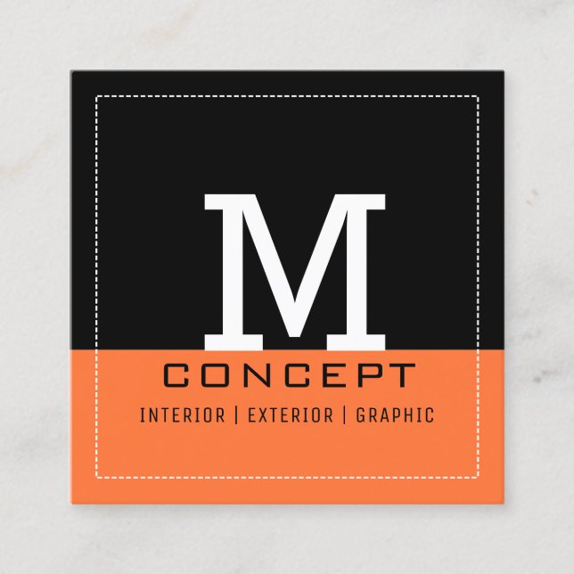 Professional Modern Black Orange Crayola Monogram Square Business Card (Front)
