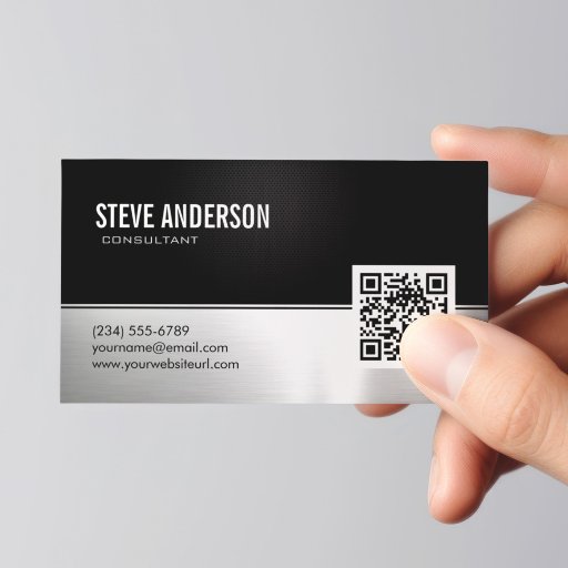 Customizable Professional Modern Black Silver Metallic QR Code Business Card