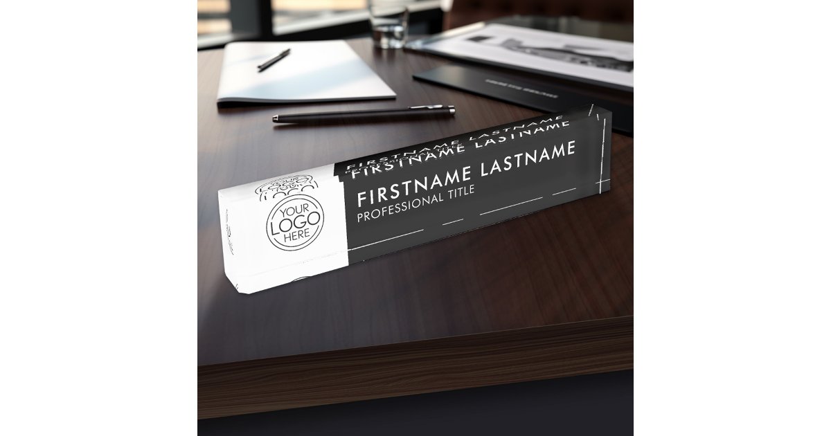 Professional, Modern Black White Logo, Name, Title Desk Name Plate | Zazzle
