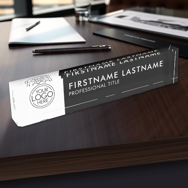 Professional, Modern Black White Logo, Name, Title Desk Name Plate (Personalized Name Plate With Your Logo Here)