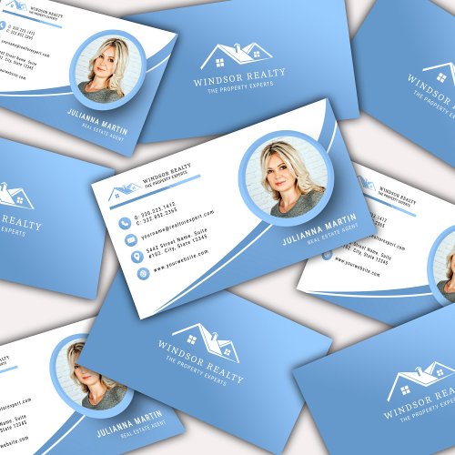 Professional Modern Blue Real Estate Agent Photo Business Card