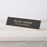 Professional Modern Classy Black Gold Office Title Desk Name Plate<br><div class="desc">Custom, personalized, professional, modern, classy, stylish, elegant, business office rose gold classic black and faux gold script / typography, metal desk sign name plate. To customize, simply type in your full name and designation / title. While you personalize, you'll be able to see a preview throughout. Perfect for small business,...</div>