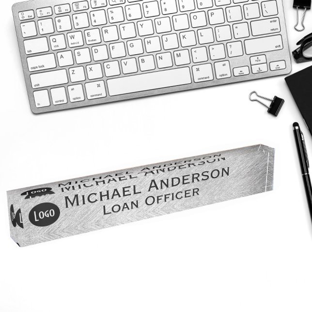 Professional Modern Elegant Faux Silver with Logo Desk Name Plate (Creator Uploaded)