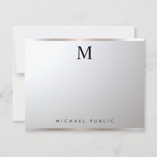 Professional Modern Elegant Monogram Silver Glam Note Card (Front)