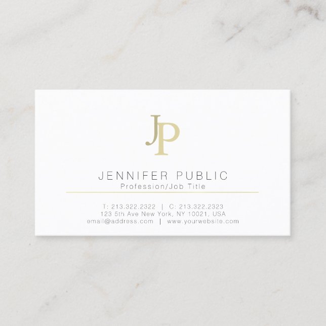 Professional Modern Elegant White Gold Monogram Business Card (Front)