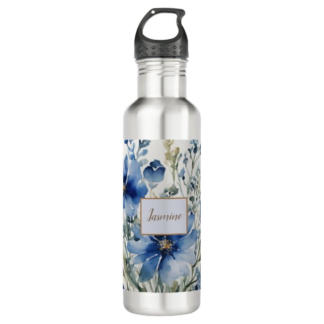 Professional Modern Floral Add Name Stainless Steel Water Bottle (Front)