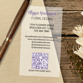Professional Modern Floral Designer Qr Code Clear Business Cards