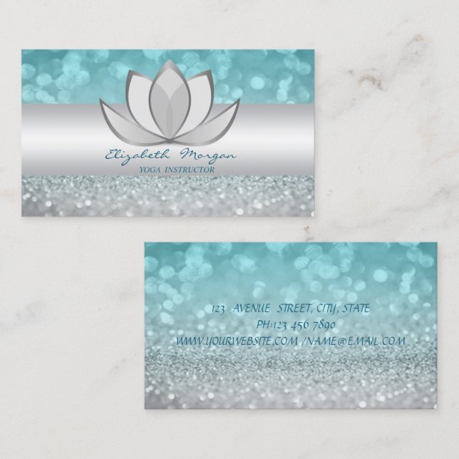 Professional Modern Glittery Bokeh Silver Lotus  Business Card (Front/Back)