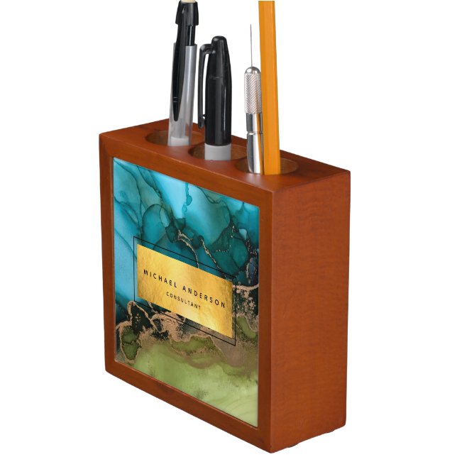 Professional Modern Gold Black Teal Green Desk Organizer (In Situ)