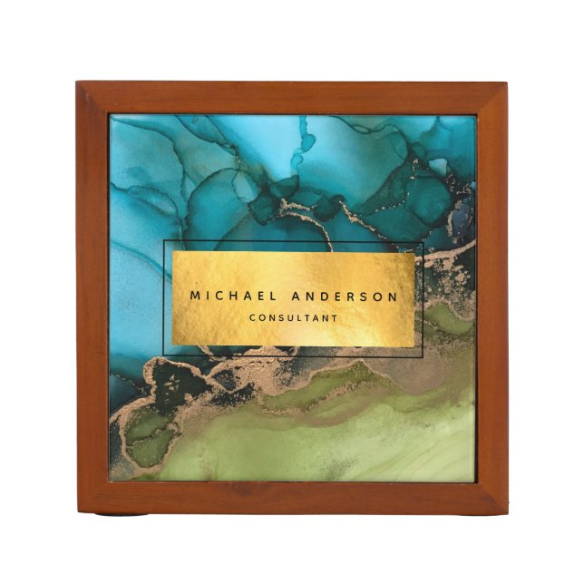 Professional Modern Gold Black Teal Green Desk Organizer (Front)
