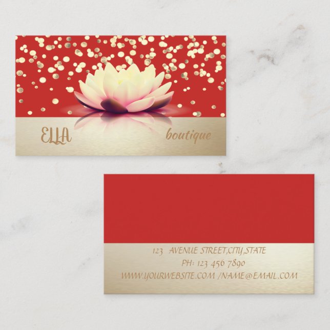 Professional  Modern, Gold Confetti,Red,Lotus Business Card (Front/Back)