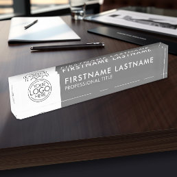 Professional, Modern Gray White Logo, Name, Title Desk Name Plate