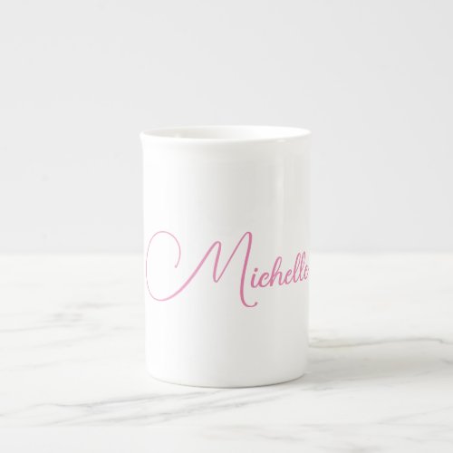 Professional modern handwriting name pink white bone china mug