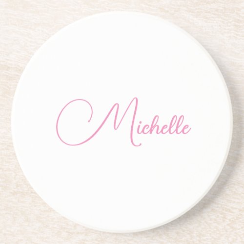 Professional modern handwriting name pink white coaster