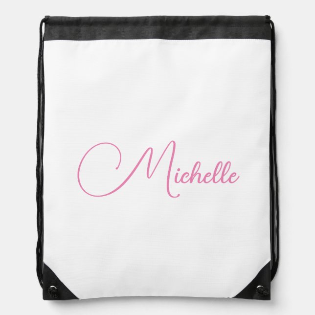 Professional modern handwriting name pink white drawstring bag (Front)