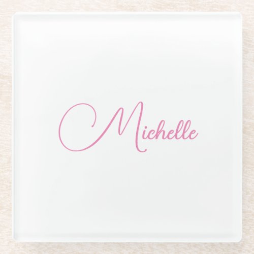 Professional modern handwriting name pink white glass coaster