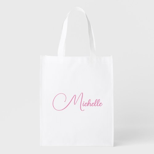 Professional modern handwriting name pink white grocery bag