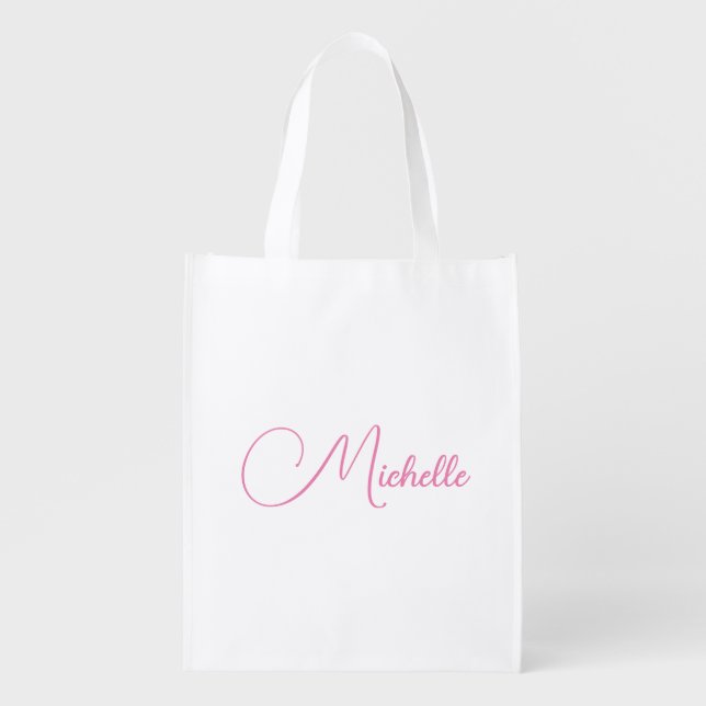 Professional modern handwriting name pink white grocery bag (Front)