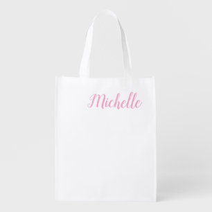 Professional modern handwriting name pink white grocery bag