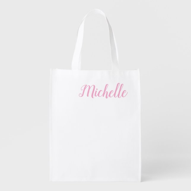 Professional modern handwriting name pink white grocery bag (Front)