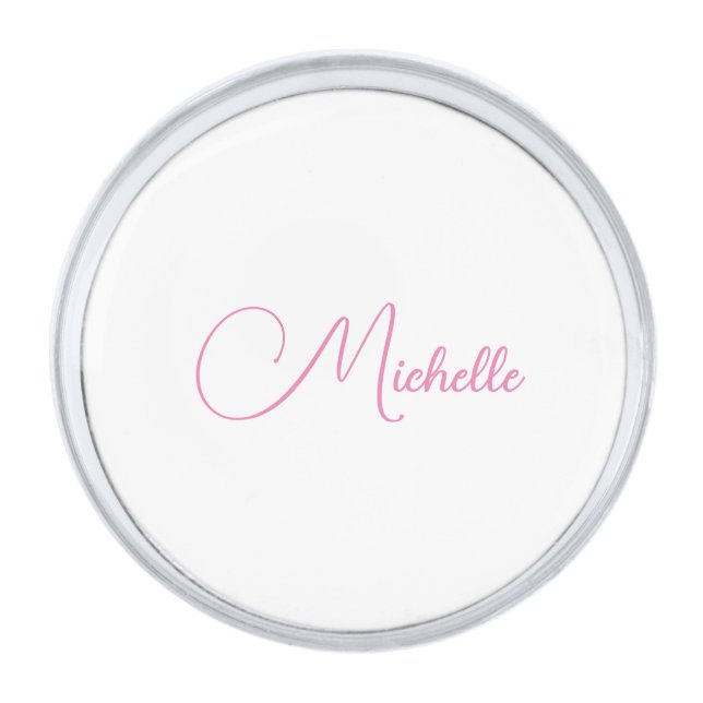 Professional modern handwriting name pink white silver finish lapel pin (Front)