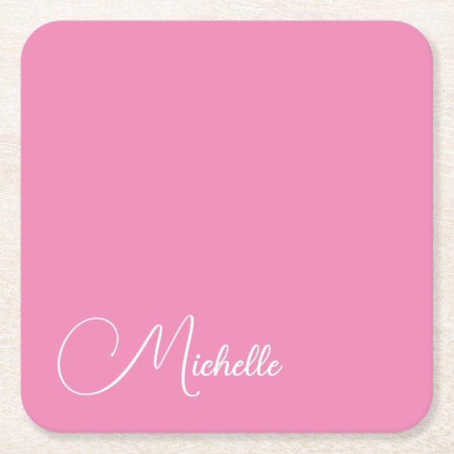 Professional modern handwriting name pink white square paper coaster (Front)