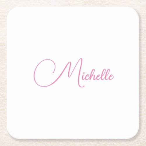 Professional modern handwriting name pink white square paper coaster