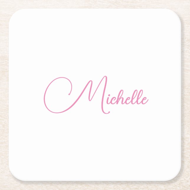 Professional modern handwriting name pink white square paper coaster (Front)