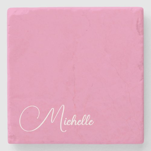 Professional modern handwriting name pink white stone coaster