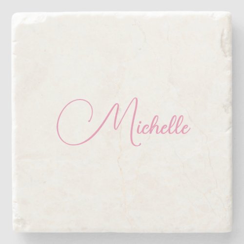 Professional modern handwriting name pink white stone coaster