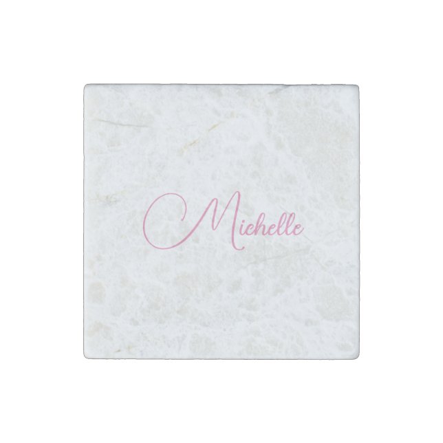 Professional modern handwriting name pink white stone magnet (Front)
