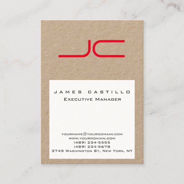 Professional Modern Kraft Paper White Red Monogram Business Card (Front)