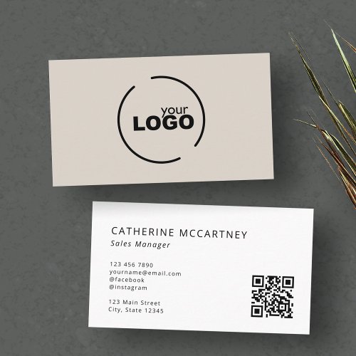Professional Modern Logo QR Code Beige Business Card