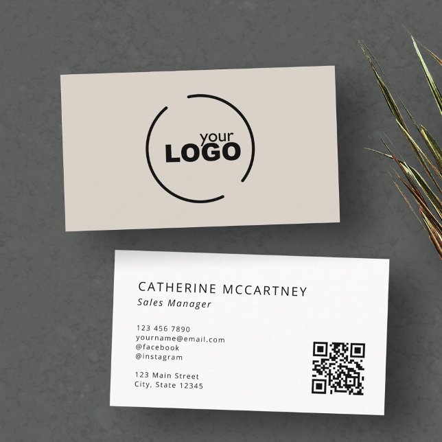 Professional Modern Logo QR Code Beige Business Card (Creator Uploaded)