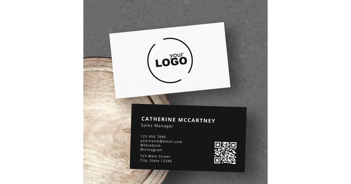 Professional Modern Logo QR Code Black & White Business Card | Zazzle