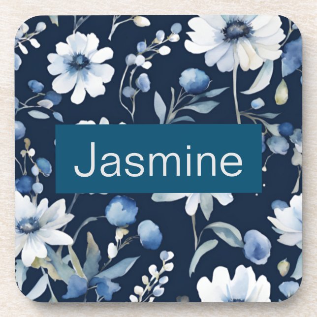 Professional Modern Minimalist Blue Floral Name Beverage Coaster (Front)