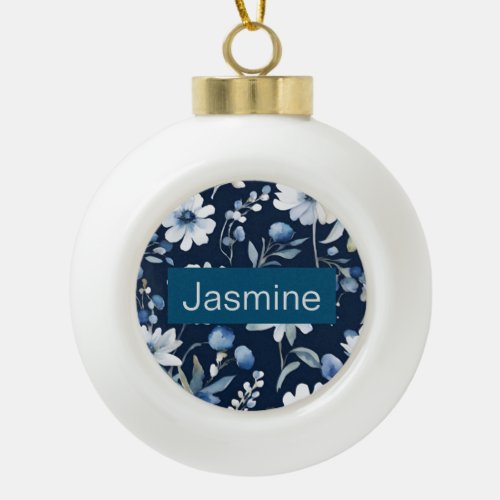 Professional Modern Minimalist Blue Floral Name Ceramic Ball Christmas Ornament