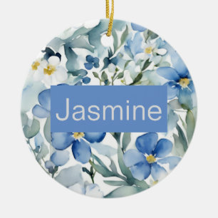 Professional Modern Minimalist Blue Floral Name Ceramic Ornament